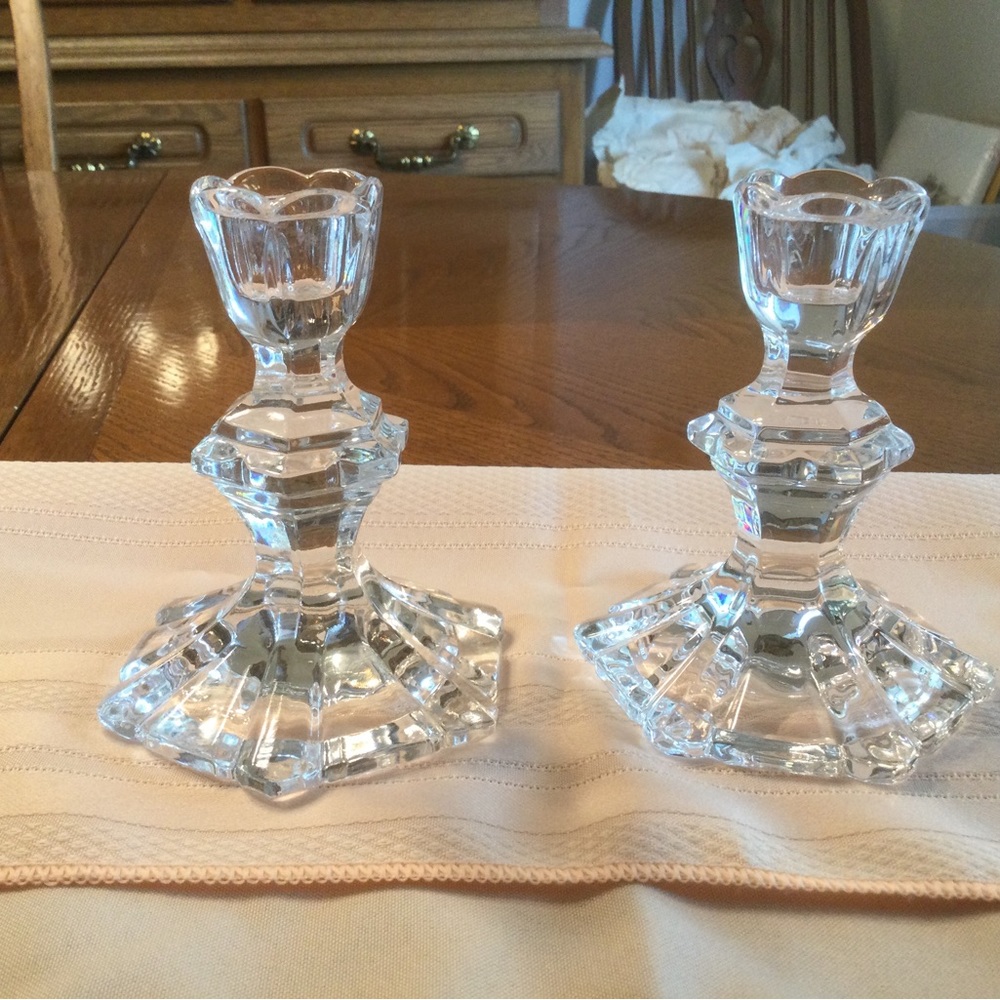 Two Crystal Taper Candle Holders 24% Lead Crystal 4.75" Tall